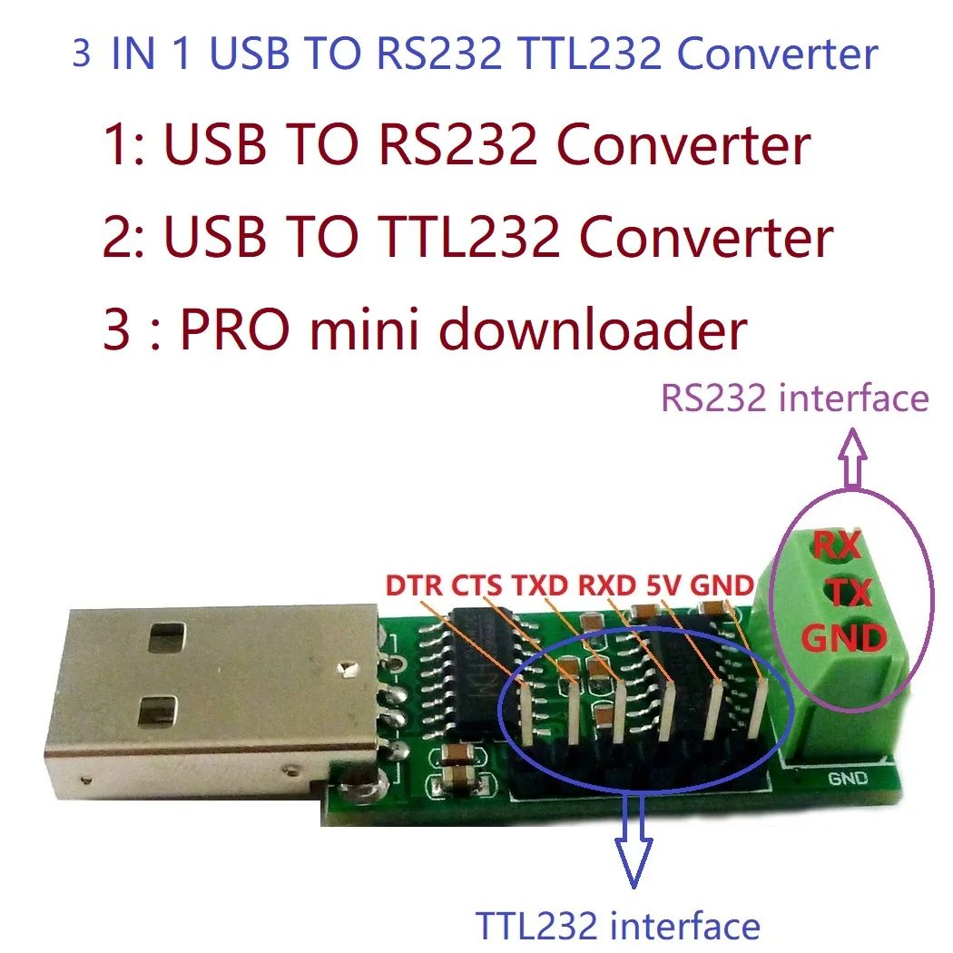 USB TO RS232 TTL232 프로 미니 다운로드 케이블, 직렬 포트, CH340 컨버터 보드, 산업용 등급 IC SP232, 3 in 1