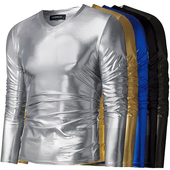 

Punk Style Men T-Shirt Long Sleeve V-neck Night Club Party Tee Shirt Men Fitness Shiny Male T-shirt Hombre 3XL
