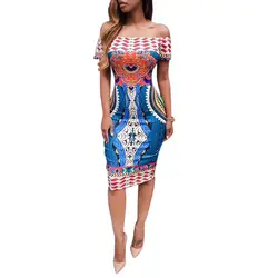 Женское платье традиционный Африканский узор облегаюший Дашики короткий рукав с открытыми плечами платье