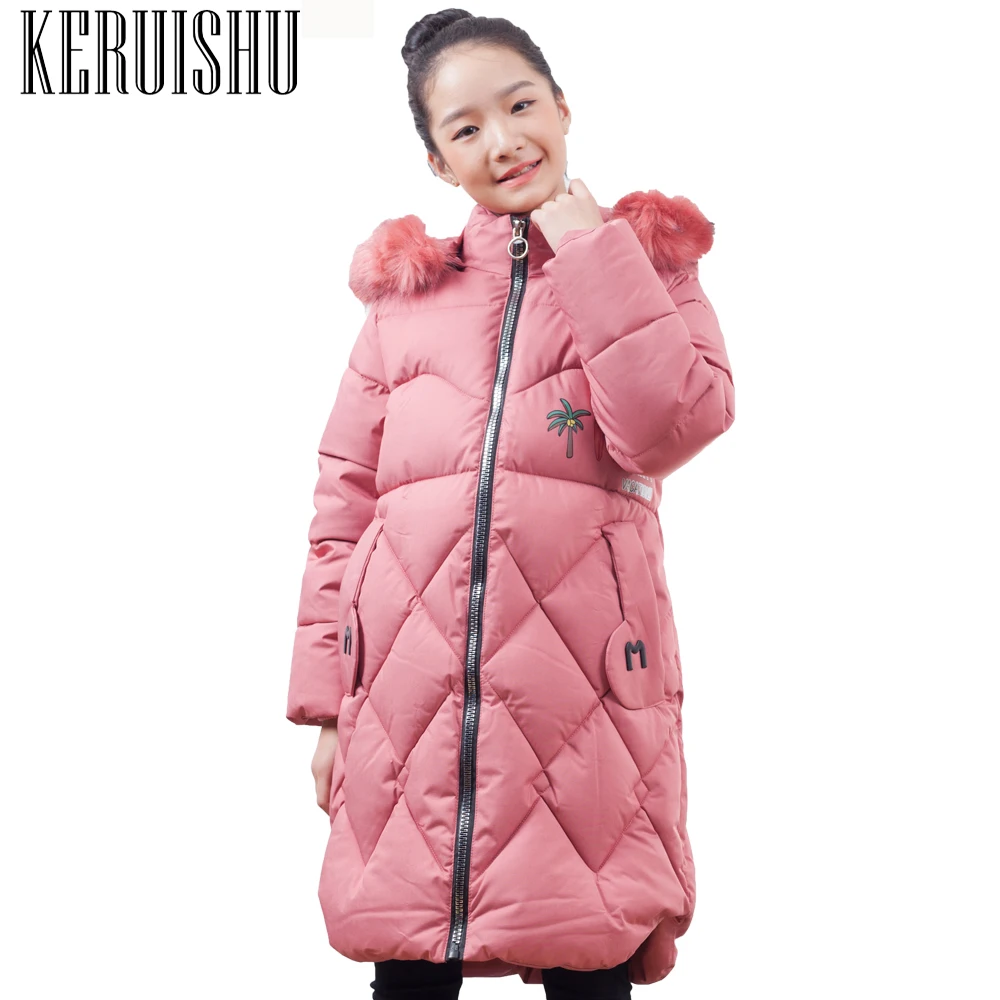 

KeRuiShu Girls Jackets Kids Faux Fur Collar Coat Children Winter Outwear 8-15 Years Girl Black Letter Print Warm Long Outerwear