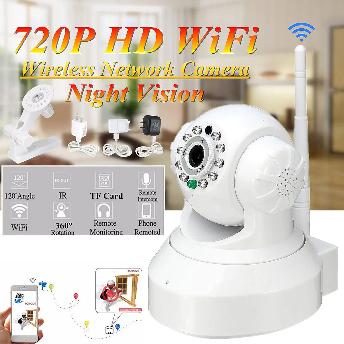 

100W 720P Intelligent Wireless WiFi IP Camera Security WiFi Night Vision Monitor Alarm Function Two-way Voice AU/EU/US Plug