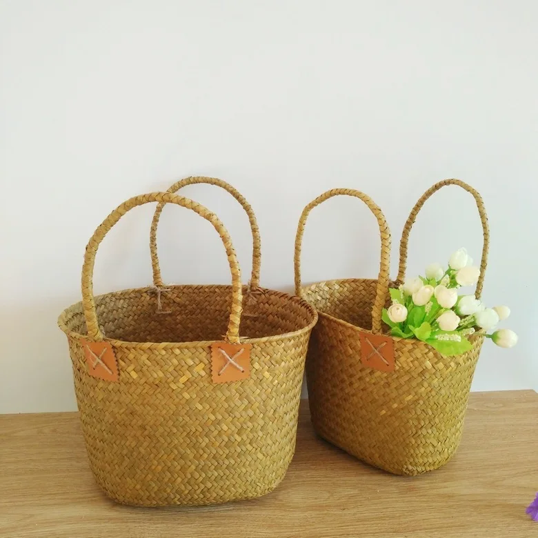 

Seaweed Straw Weave Winker Fabric Handle Flower Bag Storage Container For Fruit Dish Storing Kitchen Hanging Baskets
