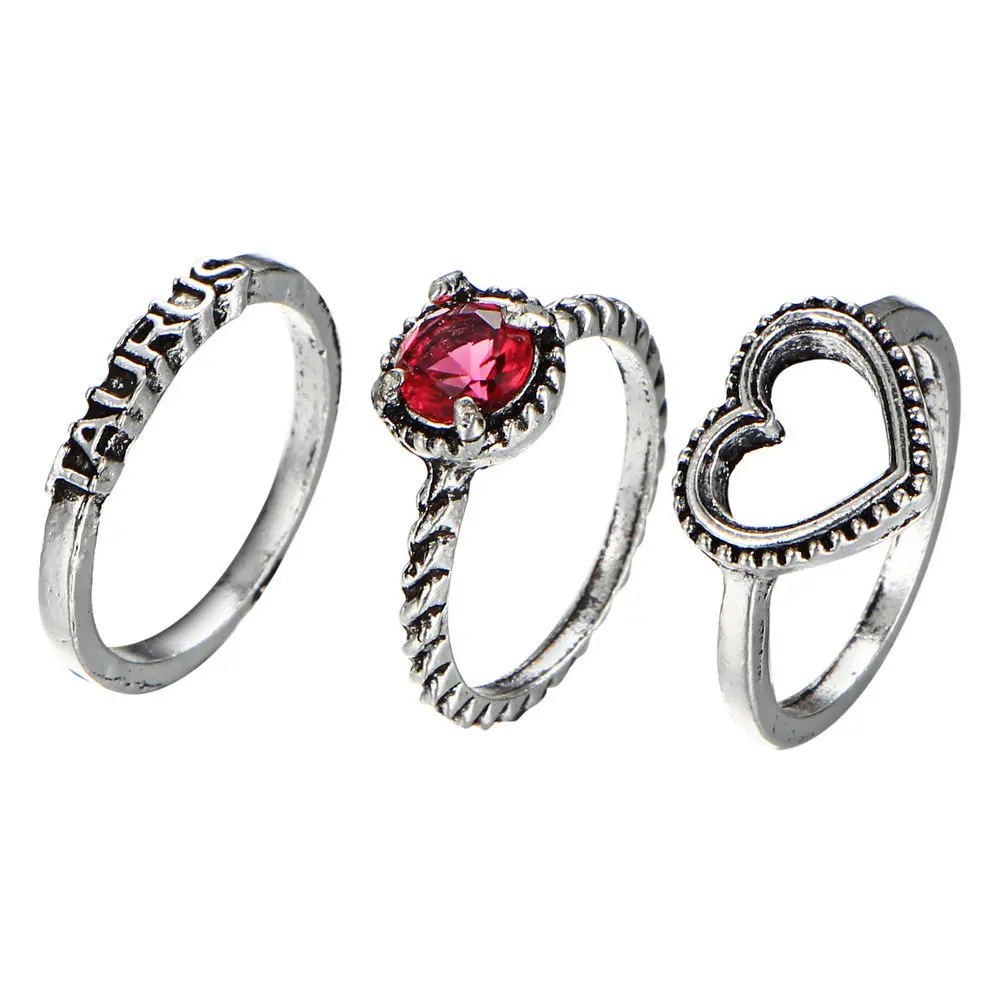 ZIIME 3PCS/Set Simple Design Letter Heart Crystal Stone Knuckle Ring Set For Ladies Antique Silver Rings Jewelry Anillo Boho