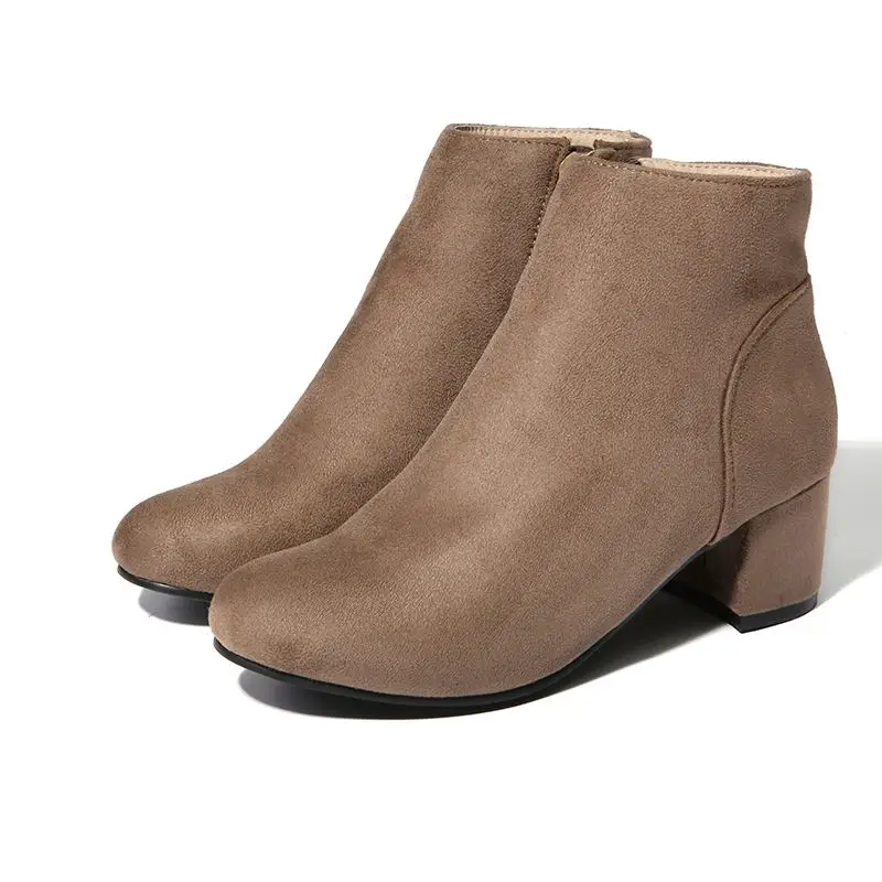 

NIS Women 5.5cm High Heels Ankle Boots, Black/Khaki Flock Winter Vintage Boots, Ladies Round Toe Solid Comfortable Zip Shoes
