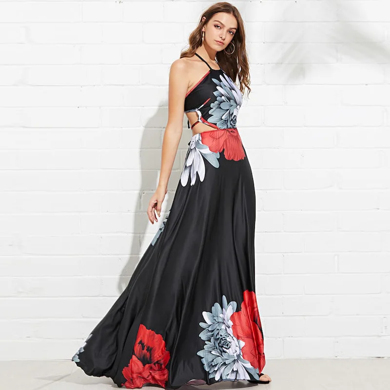 

Uguest Women Maxi Long Dress Slim Open Back Sexy Halter A Line Floral Printing Solit Dress On Vacation Sandy Beach Summer