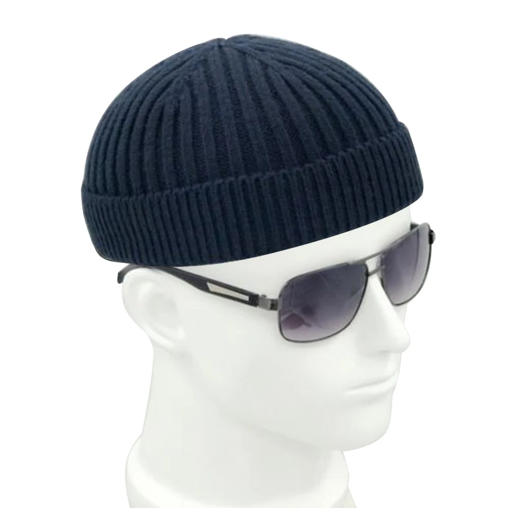 Vintage Fashion Men Knitted Hat Beanie Skull cap Sailor Cap Cuff Brimless Black Navy Grey Retro