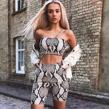 

Ladies Summer Snake print Beach Set Outfits 2 Pieces Women Bodycon Strapless Crop Top And Shorts