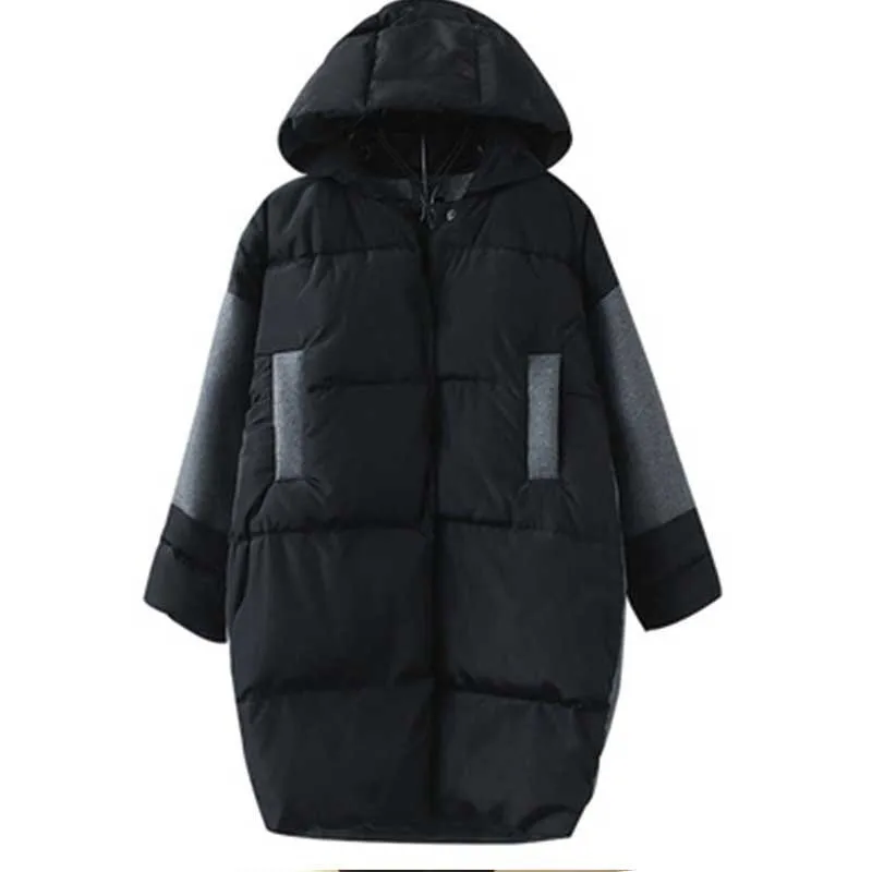 

2018 Women Winter Thicken Padded Jacket Fashion Stitching Coat Hooded Down Cotton Parka warm Long Plus Size Overcoat Female 093