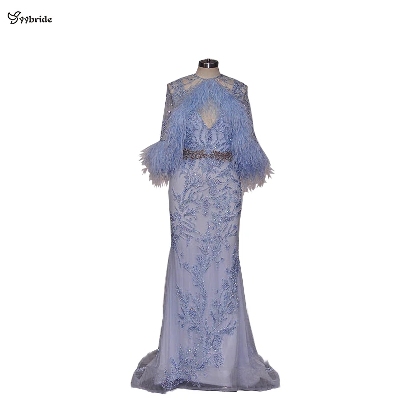 

YYbride New Design Light Bule Feathers Beading Crystals Prom Dresses V-Neck Trumpet/Mermaid With Jacket Luxury Evening Dresses