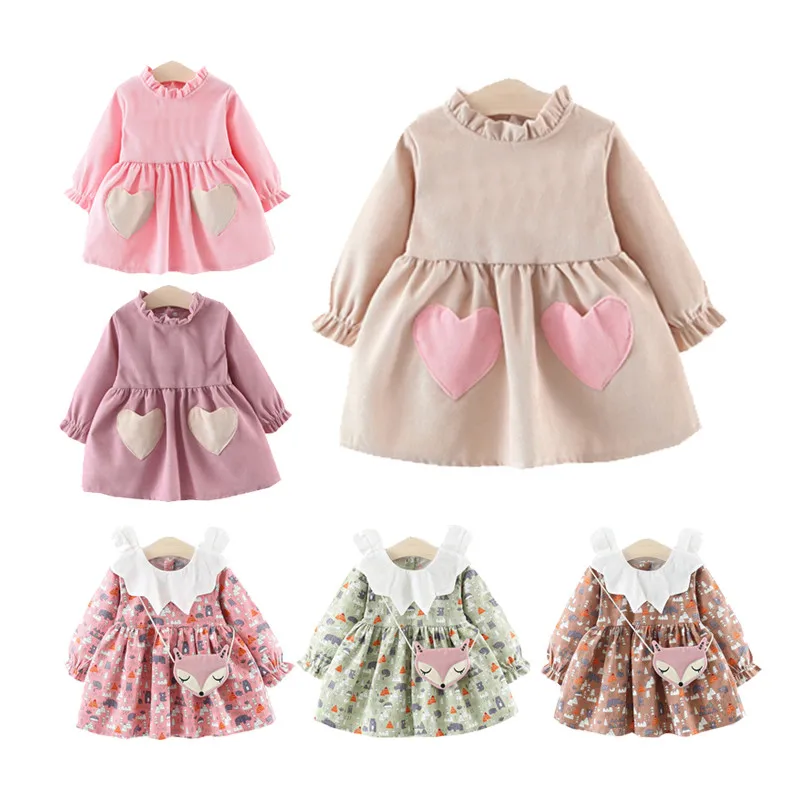 

Baby Girl Clothes Kids Girls Dress Casual Cute Animal Fox Princess Lace Cotton Cloth 0-3T Love Baby Lantern long Sleeve Dresses