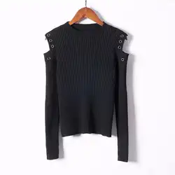 Осень Для женщин Сексуальная шею Long Sleeve Cold Shoulder свитер женский тонкий одноцветное нижнее белье уличной свитера Топы SJ744A