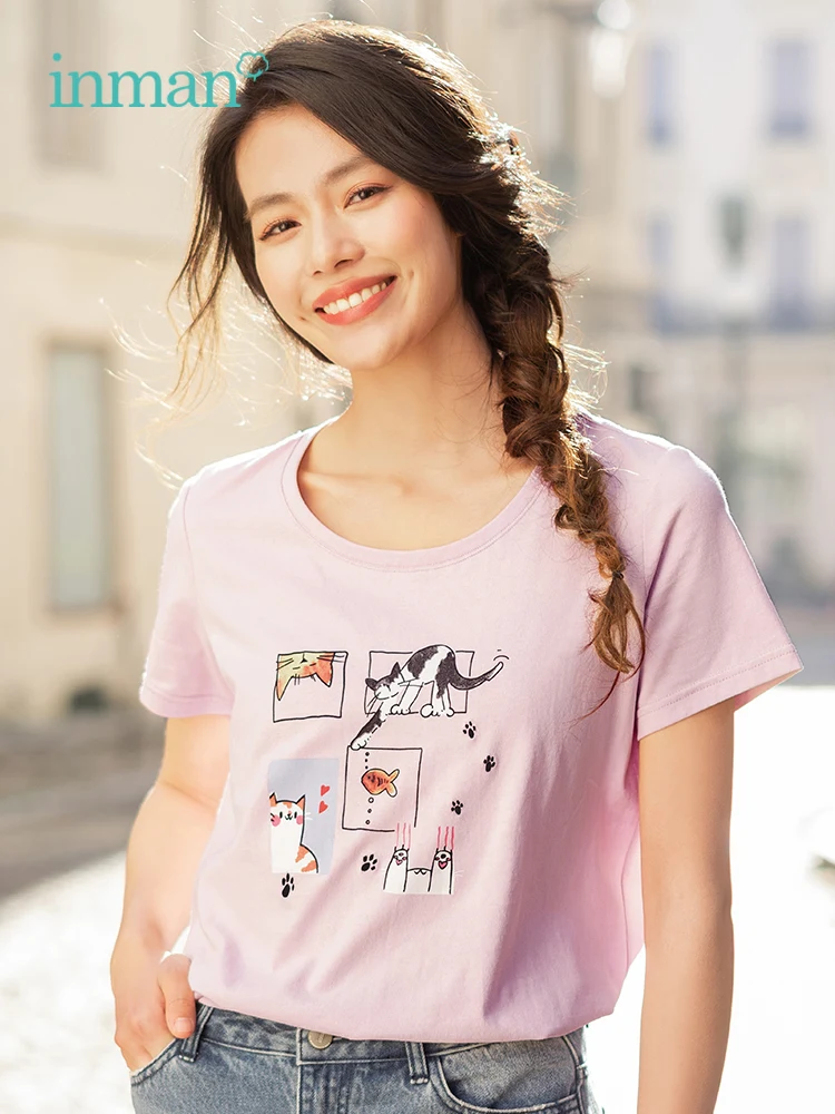 

INMAN 2019 Summer New Arrival Cotton O-neck Short Sleeve Personality Cat Print Funny Casual Literary Women T-shirt