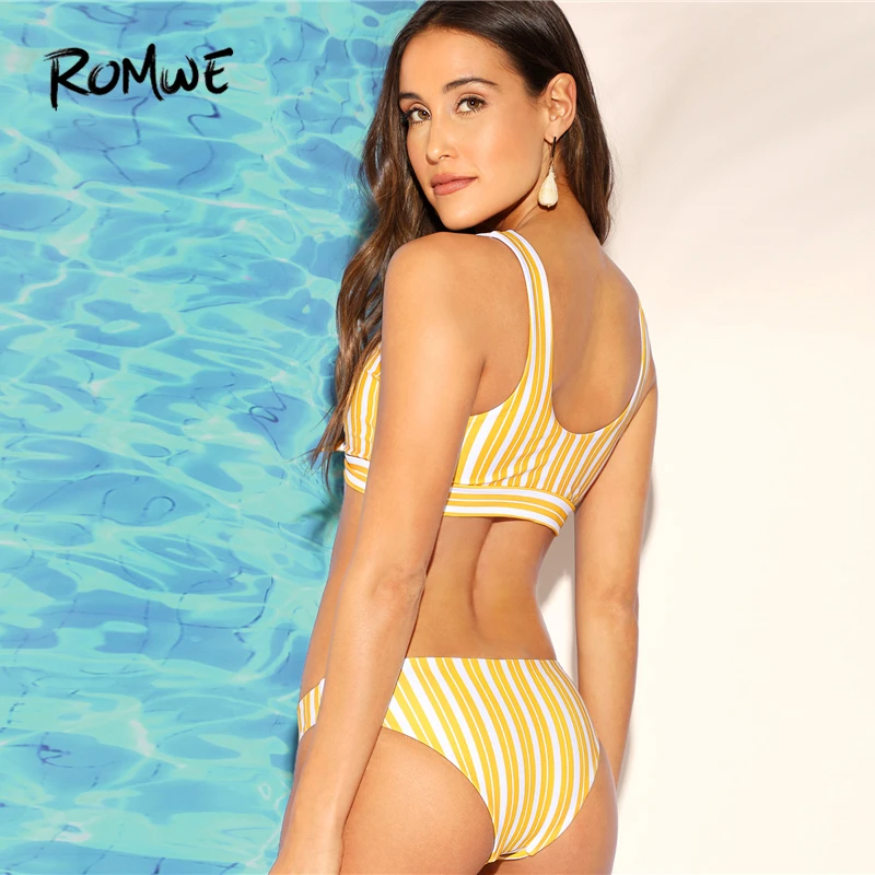 Sport Yellow Vertical Striped Knot Front V Neck Wireless Bikini Set Women Summer Low Waist Swimsuit Beach Swimming Wear Sport Yellow Vertical Striped Knot Front V Neck Wireless Bikini Set Women Summer Low Waist Swimsuit Beach Swimming Wear