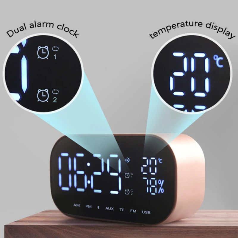 

LED Alarm Clock Digital Wireless Stereo Subwoofer Music Player Temperature LCD Display FM Radio Portable Bluetooth Speaker