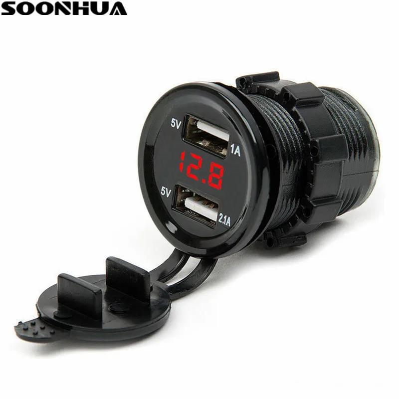 SOONHUA 12 V/24 المزدوج منفذ USB للسيارة شاحن ولاعة مقبس التوصيل LED الفولتميتر للماء للجوال هاتف لوحي GPS Mp3