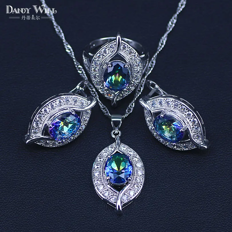 

Mystic Rainbow Fire Cubic Zirconia 925 Sterling Silver Costume Jewelry Sets Women Earrings/Pendant/Necklace/Rings Set
