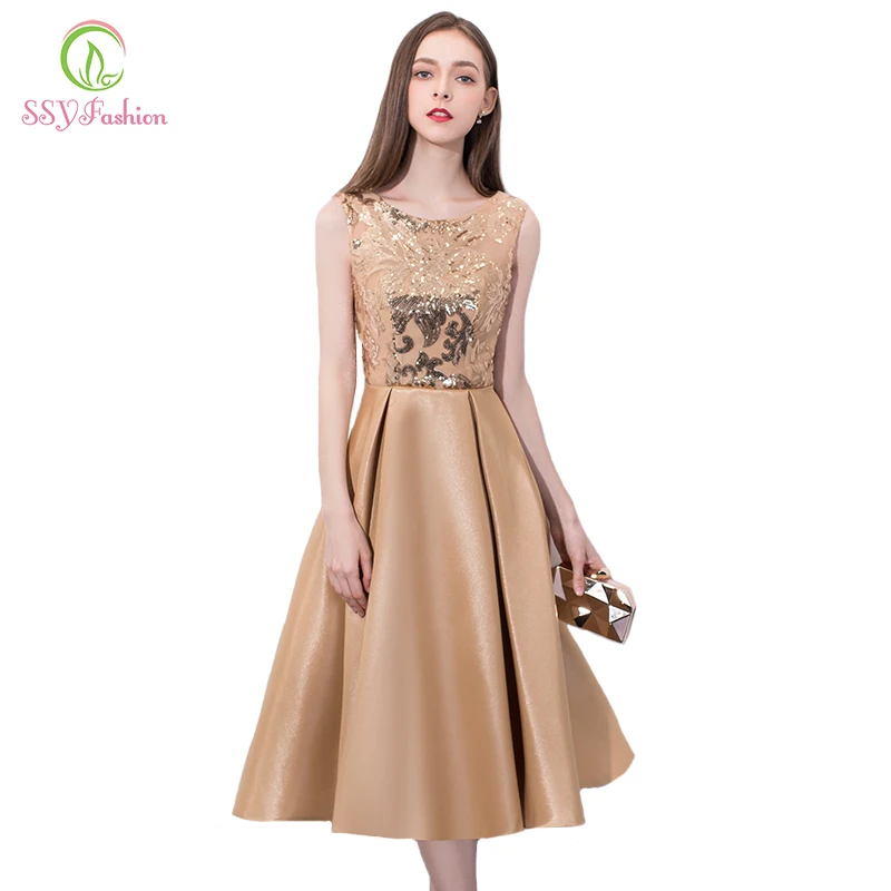 SSYFashion Simple Sleeveless Cocktail Dress Banquet Elegant Gold Mid ...