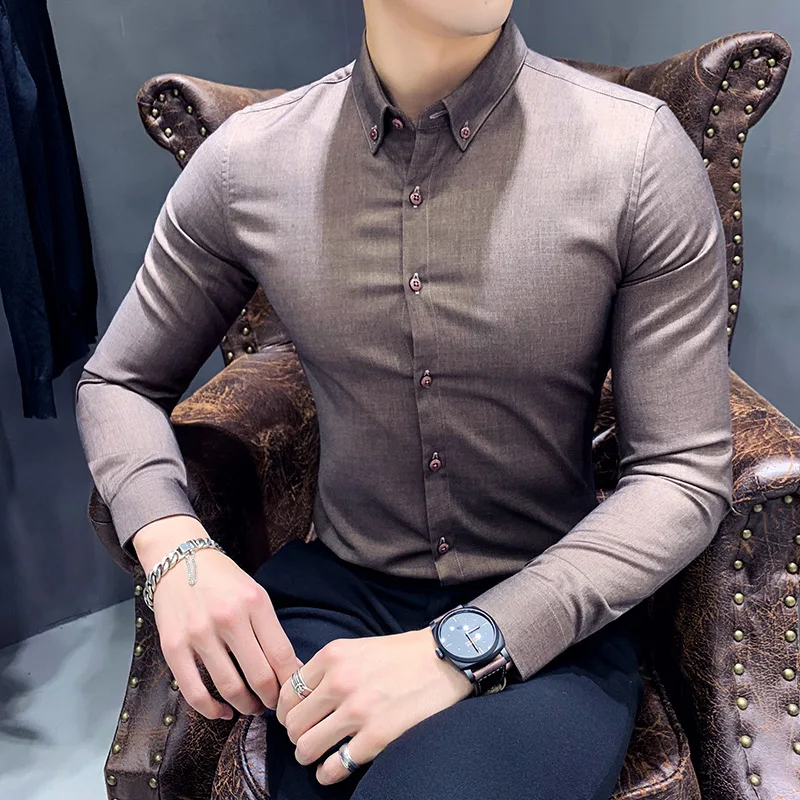 

Fashion Personality Autumn Men's New Shirt M-2XL Casual Youth Polyester Solid Color Wild Loose Simple Business Slim Long Sleeve