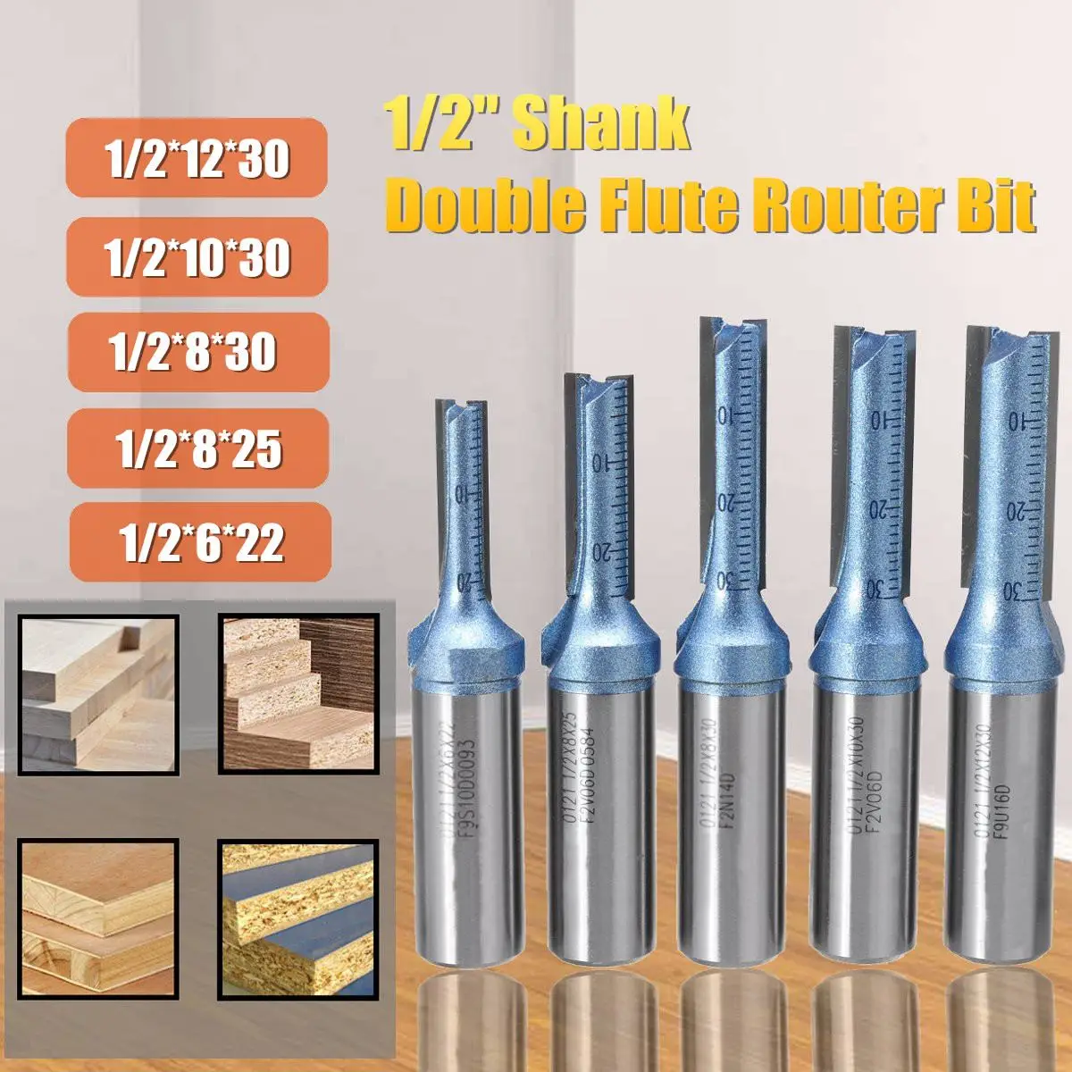 1Pcs 1/2'' Shank Double Flute Router Bit Straight Bit Slot Cutter Lathe