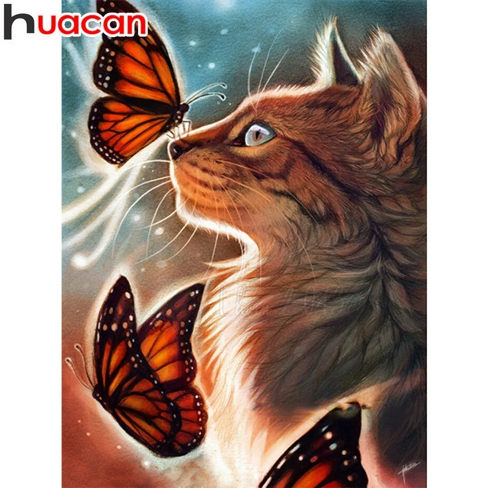 

HUACAN Full Square Diamond Painting Cat 5D DIY Diamond Embroidery Butterfly Mosaic Decoration Home Animal Picture Of Rhinestone