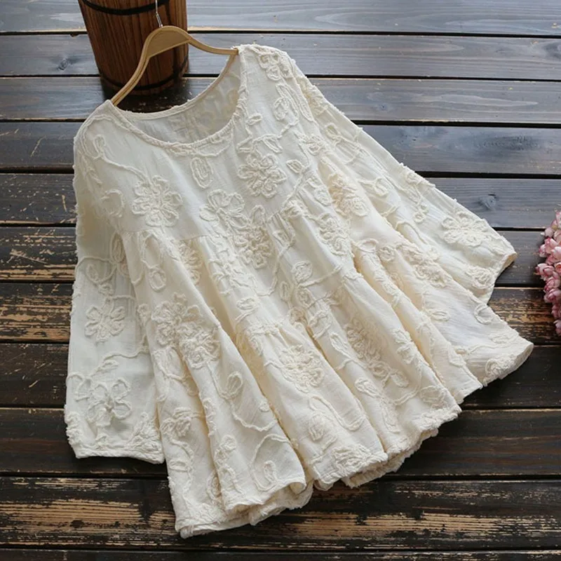 

2019 Summer Women Cotton White Blouse Mori Girl Sweet Hollow Out Embroidery Lace O-neck Full Sleeve Shirt Tops Blusas Femininas