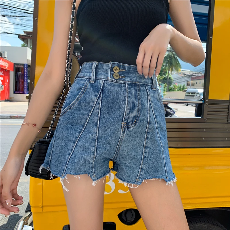 Pantalones cortos negros de tamaño mujer 2019 Primavera Verano cintura alta costura Irregular Denim corto para mujer|Pantalones cortos| - AliExpress