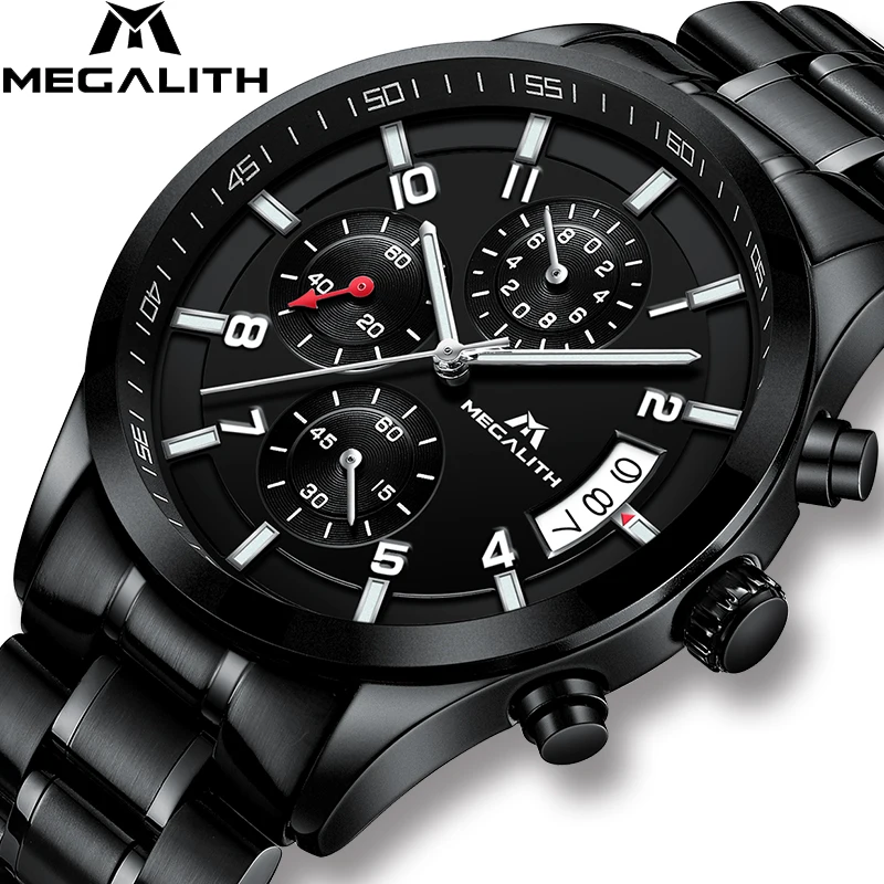 

MEGALITH Fashion Business Watch Men Black Stainless Steel Strap Quartz Wristwatches Waterproof Watches Clock Relogio Masculino