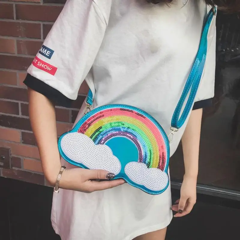 

2019 Stylish Sequins Rainbow Crossbody Bag Cute Cloud Laser Women PU Leather Shoulder Bags Pouch Zipper Shell Messenger Bag