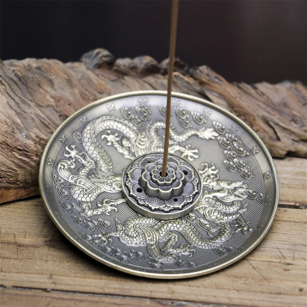 

Censer Zinc Alloy Incense Holder Fragrance Perfume Plate Round Dragon Pattern Vintage Aromatherapy Embossing Living Room Furnace