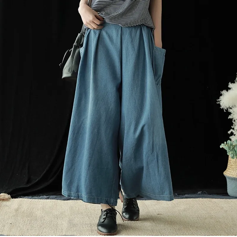 

NINI WONDERLAND 2019 Women Denim Wide Leg Pants Summer Cotton Cowboy Loose Jeans Classic Pants Lady Spring Soft Casual Trousers