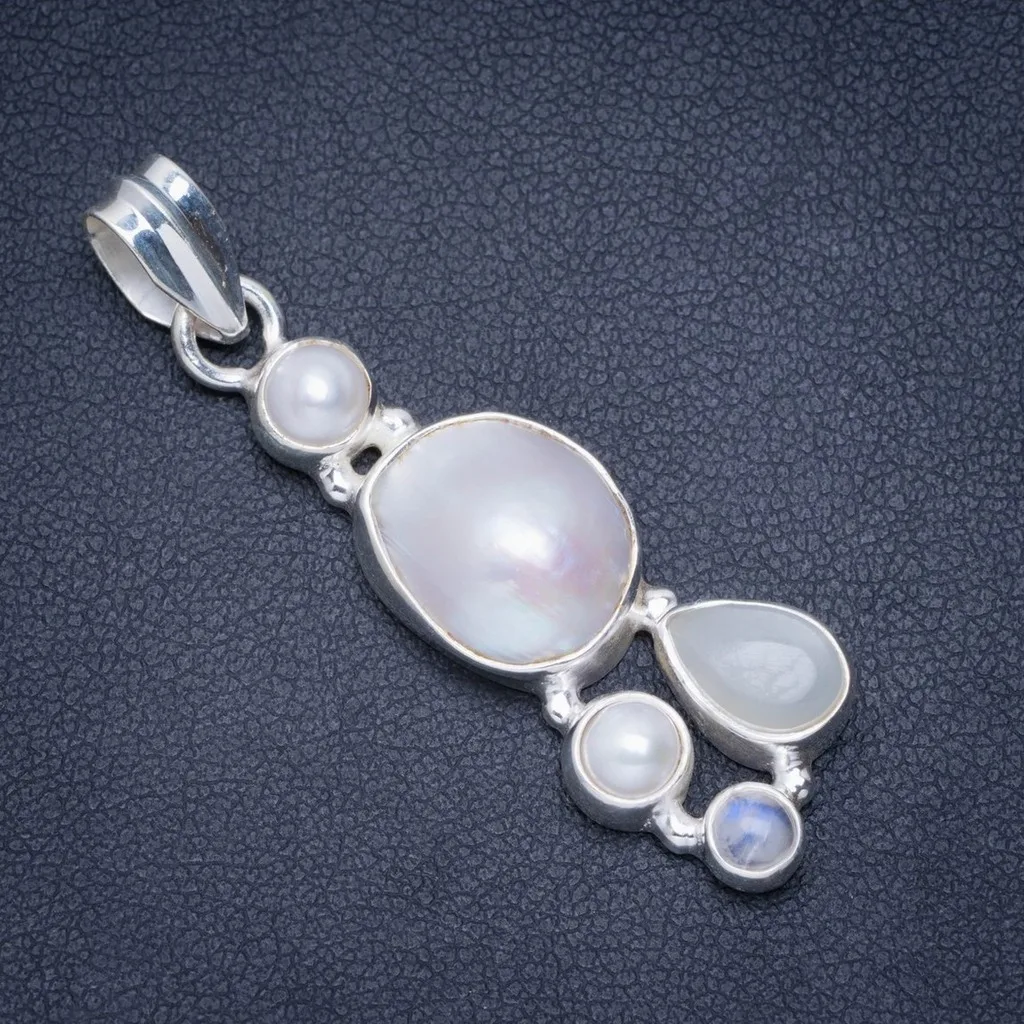 

Natural River Pearl,Cat Eye and Rainbow Moonstone Handmade Unique 925 Sterling Silver Pendant 2" A0040