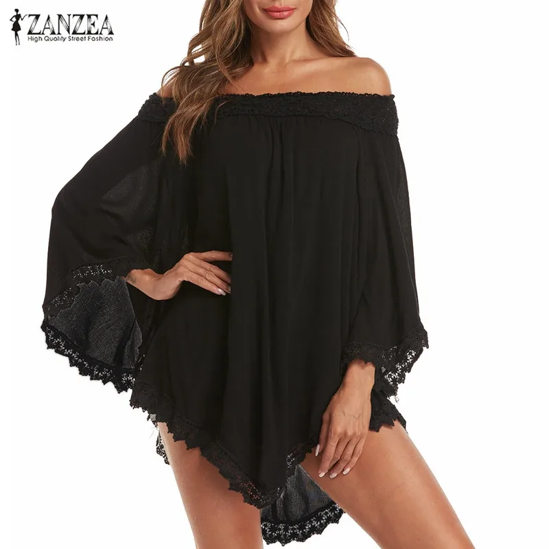 

ZANZER Oversized Women Long Sleeve Blouse Casual Baggy Solid Color Lace Up Asymmetric Hem Off Shoulder Shirt Tunic Tops Blusas
