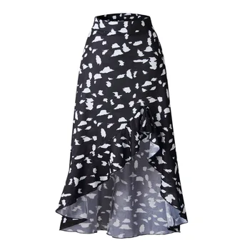 

PEONFLY Summer Elegant High Waist Women Long Skirt Black White Irregular Ruffle Faldas Mujer Female Fashion Slim Femme Saia