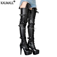 KALMALL/пикантная обувь для подиума для ночного клуба, черные, белые, красные, бордовые кожаные высокие сапоги до бедра, высокие сапоги на платформе со шнуровкой и пряжками