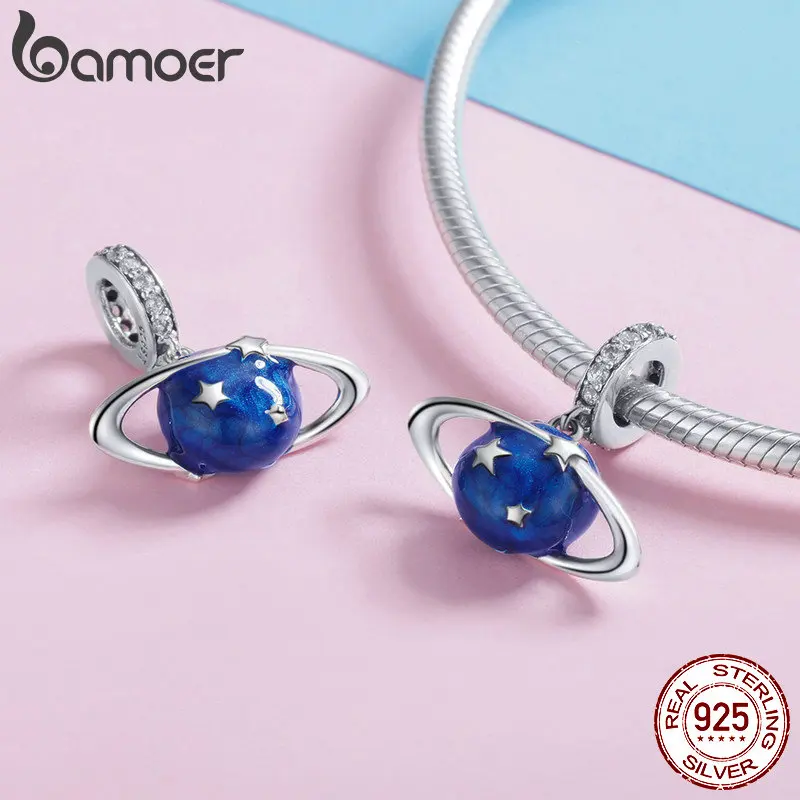 BAMOER 925 Sterling Silver Secret Planet Moon Star Pendant Blue Enamel Charms Fit Charm Bracelets Necklace Silver Jewelry SCC933