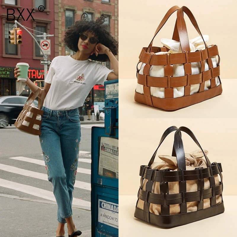 

[BXX] 2019 New Arrival Woman Summer Stylish Brown Color Double Handle PU Leather Drawstring Portable Handbag All Match DA194