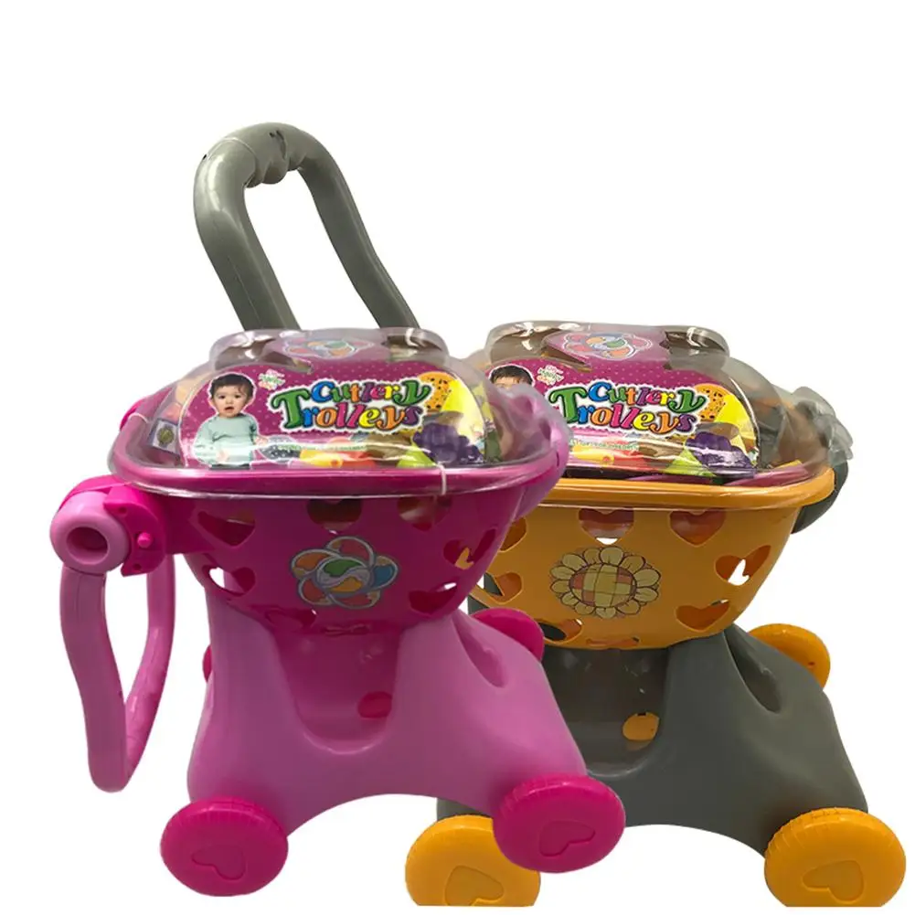 

15 Pcs Children's Supermarket Toy Shopping Cart Trolley Home Toys With Fruits And Vegetables Real Life Play Toys Pink/Blue Color