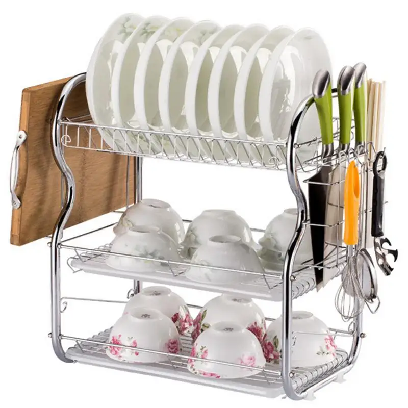 

Multifunctional Storage Rack Dish Drying Rack 3-Tier Chrome Dish Drainer Rack Kitchen Storage With Drainboard And Cutlery Cup Di
