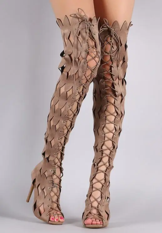 Sexy Black Patent Overknee Boots High Heel Peep Toe Lace-up Hollow