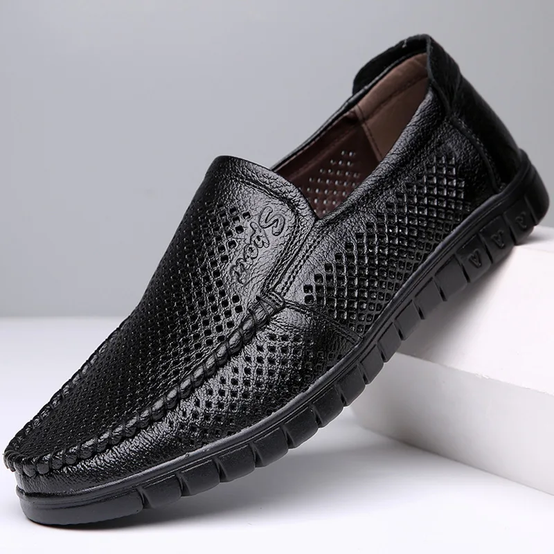 AlexBu 2019 New Men Genuine Leather Casual Shoes Man Loafers Comfortable Slip On Leather Shoe Mesh Breathable Brand DropShipping