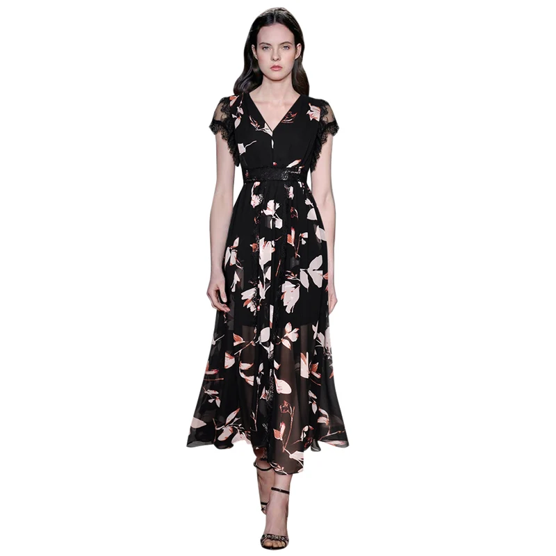 

see through maxi boho dress casual elegant dresses black sheer lace short sleeve v-neck ankle length floral print chiffon dress