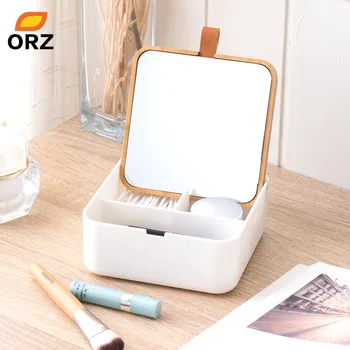 

ORZ Makeup Organizer Plastic Storage Box with Mirror Travel Jewelry Storage Case Accessories Cosmetic Drawer Container Bamboo