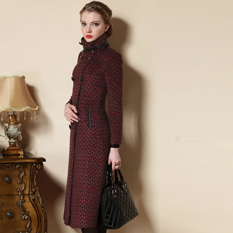 

New Women's Wool Blends Coat Winter 2018 Autumn Fashion Elegant Turtleneck Plaid Slim Long Tweed Woolen Outerwear Female