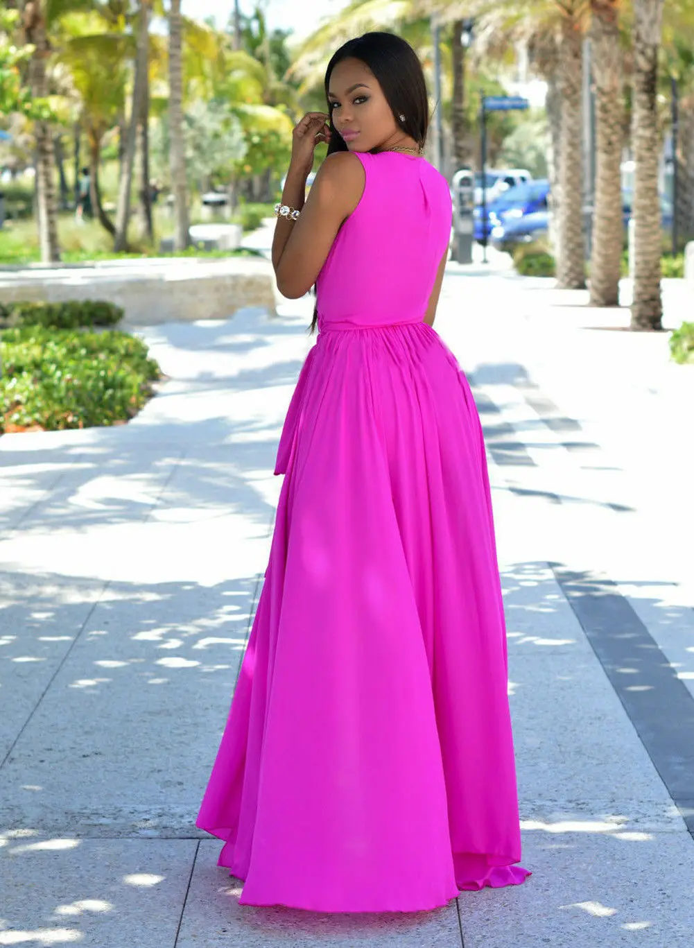 

Women Boho Solid Deep V-Neck Party Evening Formal Long Dress Sundress