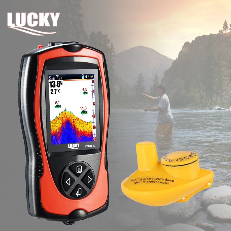 محظوظ المحمولة صياد السمك اللاسلكية سونار الإنجليزية الروسية مانو 2.4 بوصة TFT LCD شاشة Fishfinder FF1108-1CW ل الجليد البحر الصيد