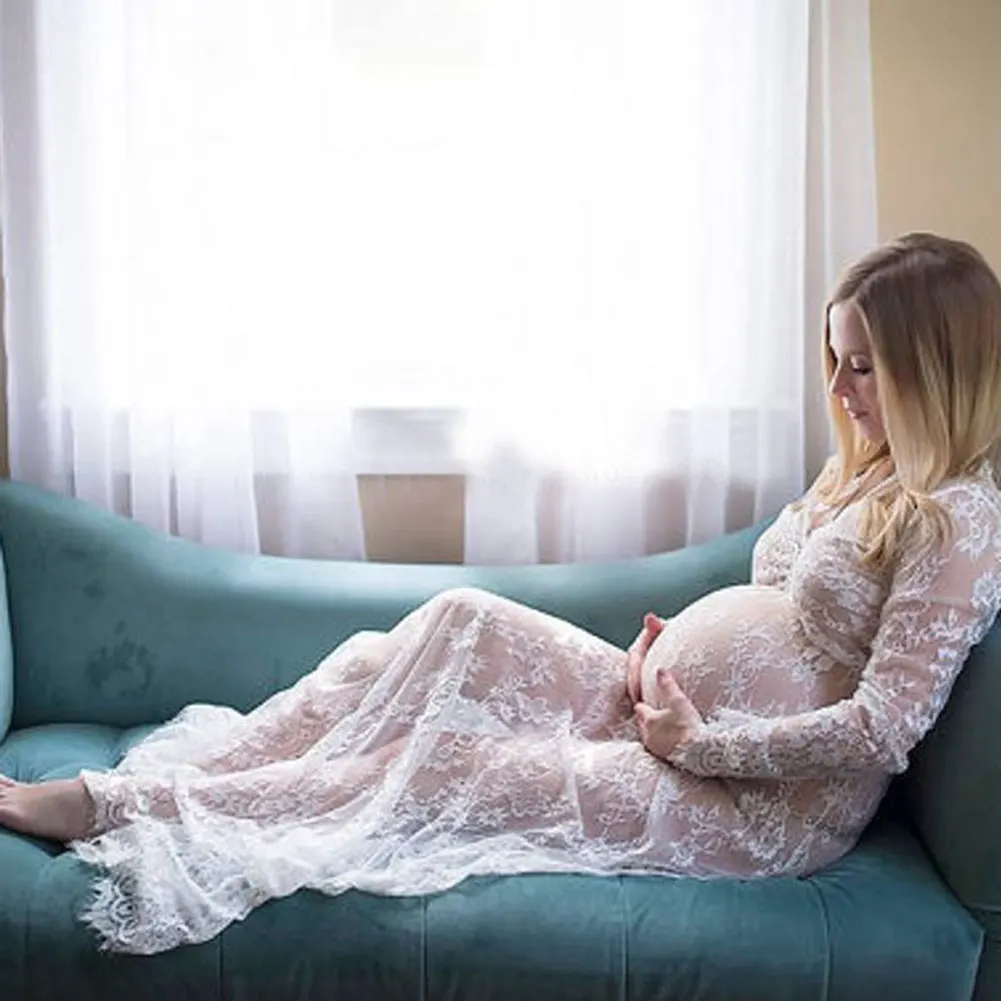 2019 فستان حمل لاطلاق النار الصورة الحوامل اللباس الصيف الدانتيل الكروشيه طويلة الأكمام ماكسي فساتين النساء ملابس حمل