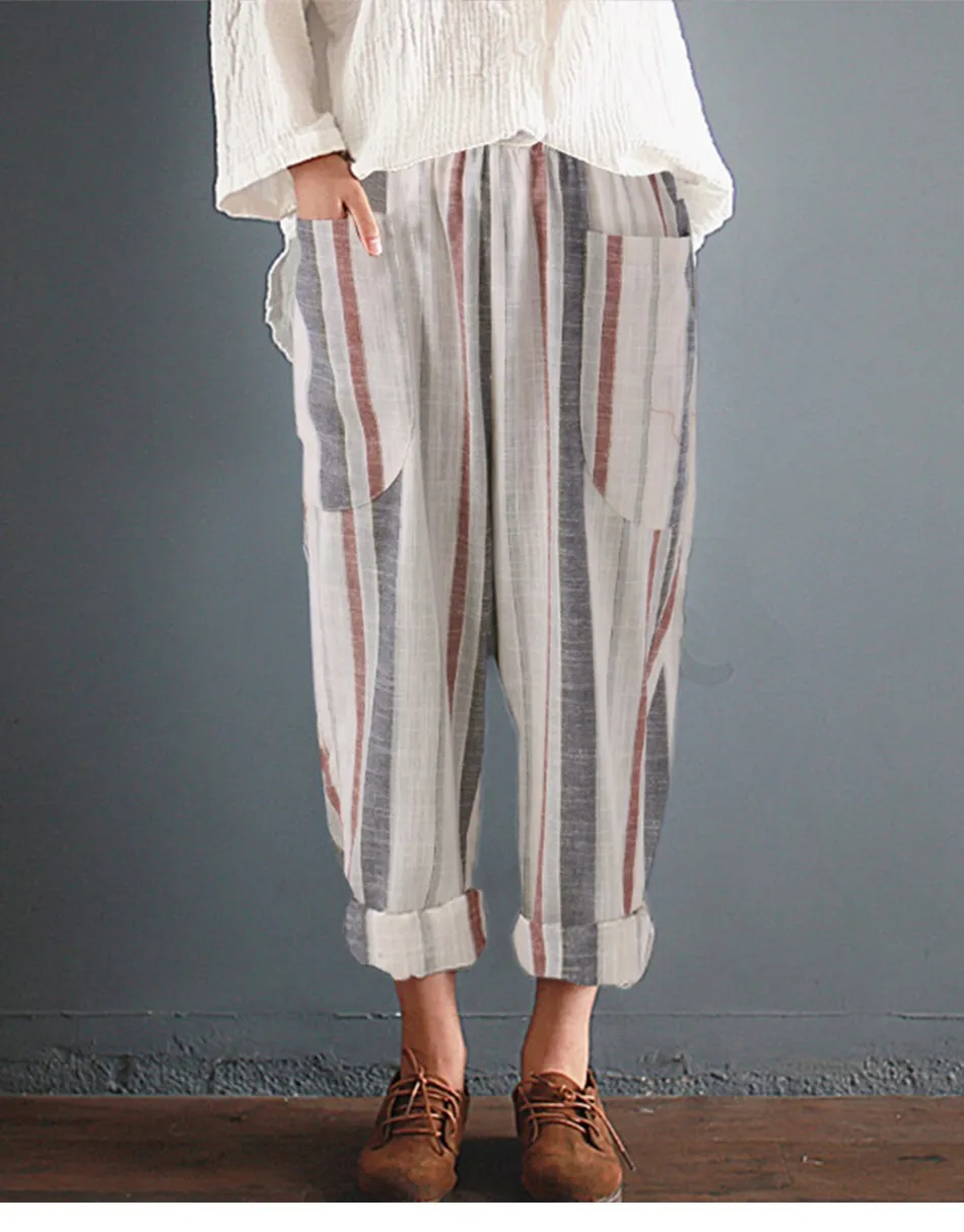 

Plus Size Cotton Linen Harem Pants Women Summer Loose High Waist Pockets Striped Pants Wide Leg Casual Trouser