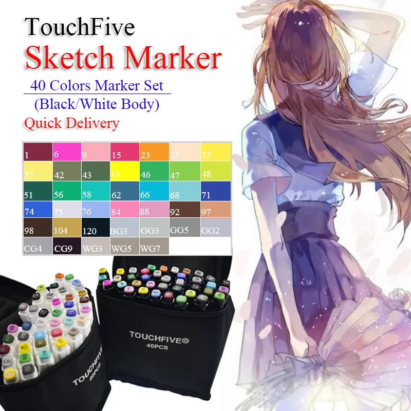 

TouchFIVE 40 Colors Animation Design Dual Head Art Markers Sketching Graffiti Brush Pen For Drawing School Office Art Supplies