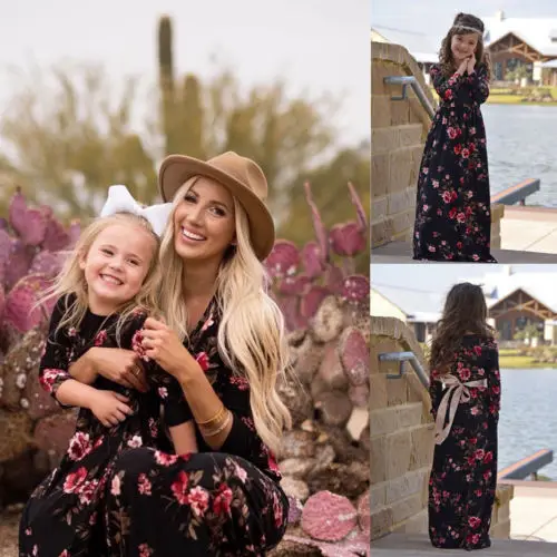 Новинка года; платье с цветочным рисунком для мамы и дочки; пляжное платье для детей; осенние одинаковые комплекты для семьи с длинными рукавами