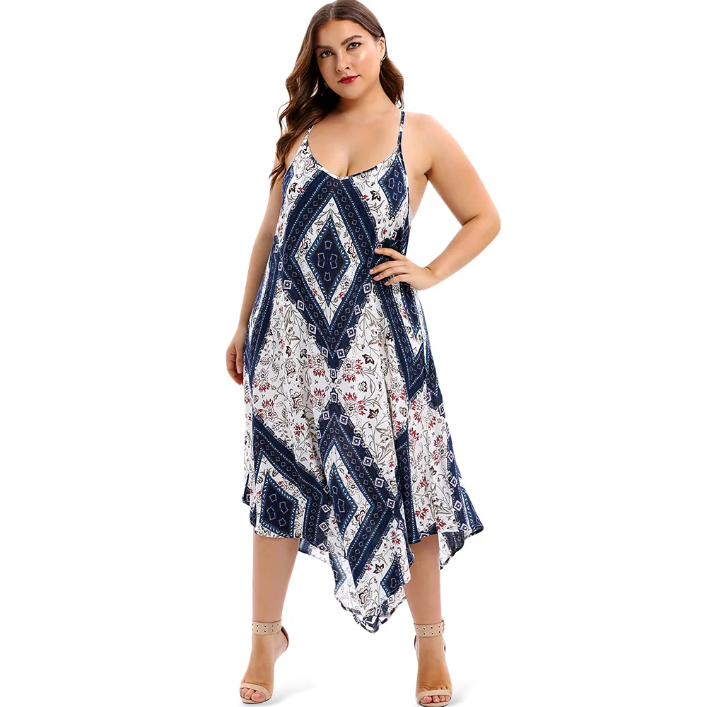  Wipalo Women Plus Size Spaghetti Strap Floral Geometric Handkerchief Dress Summer Casual Maxi Dress